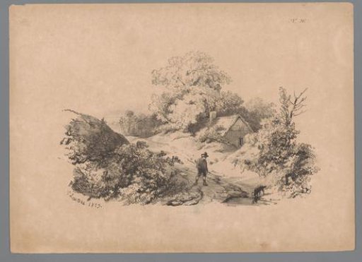 Landscape with man and dog on a country road
