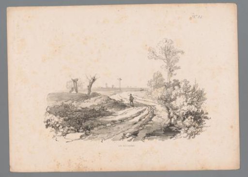 Landscape with figure with a walking stick on a country road