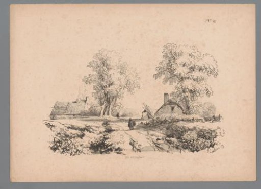 Landscape with two houses and two figures on a road