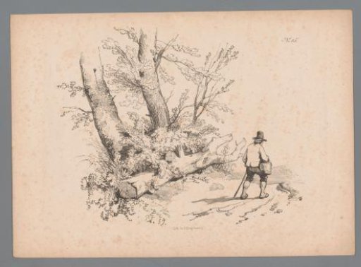 Landscape with trees and a man with walking stick and basket