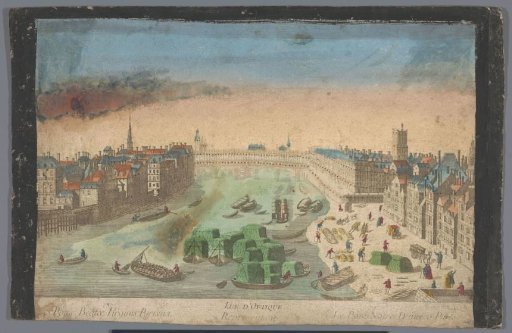 View of the built-up Pont Notre-Dame over the river Seine in Paris