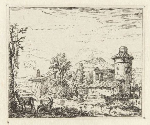Italianate Landscape with Round Tower and Two Goats