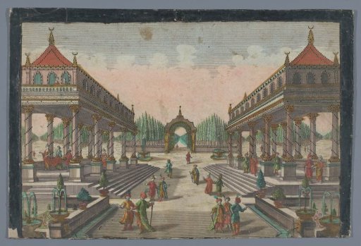 View of a colonnade leading to a cypress garden in Constantinople