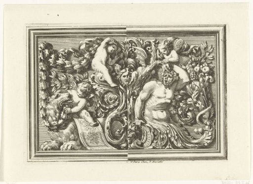 Panel with two putti and a lion on the left
