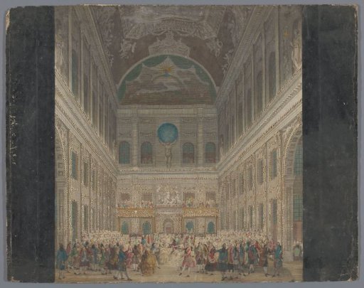 View of the interior of the Town Hall in Amsterdam with a festive ball on June 6, 1768