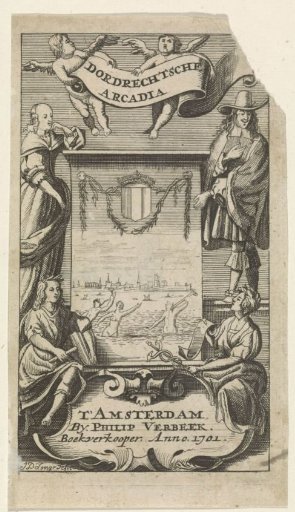 Four figures around a frame with a view of Dordrecht