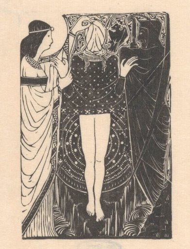 Blindfolded woman between two figures