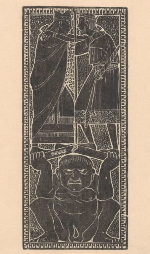 Crouching figure and two crowned men