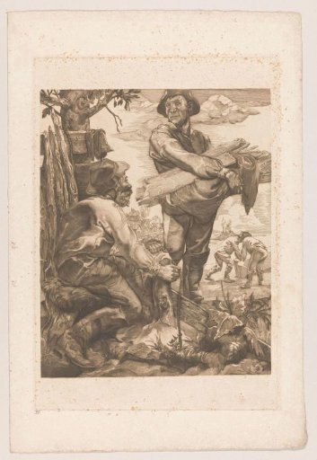 Two labourers with rope and planks