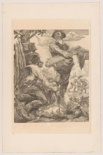 Two labourers with rope and planks