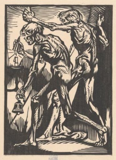 Two nude male figures with bell and candle snuffer