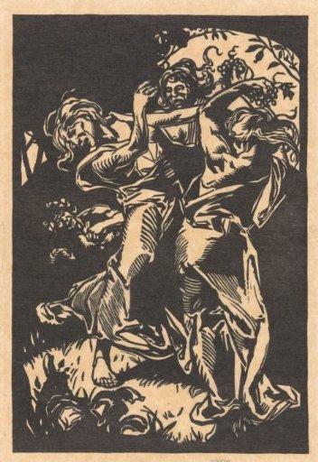 Dancing women with bunches of grapes and a satyr