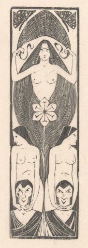 Naked woman above two naked women and two clothed men