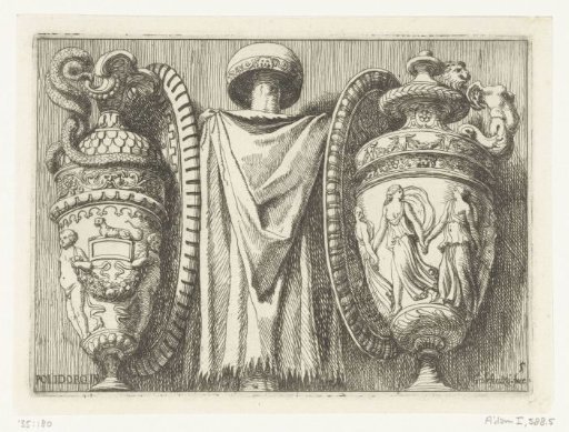 Tree stump with a chiton and a helmet between a jug and a vase