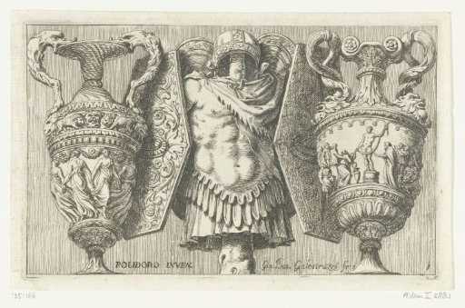 Tree stump with armor between two vases