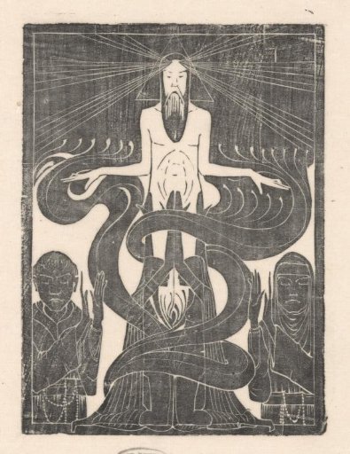 Man with blessing gesture above two figures