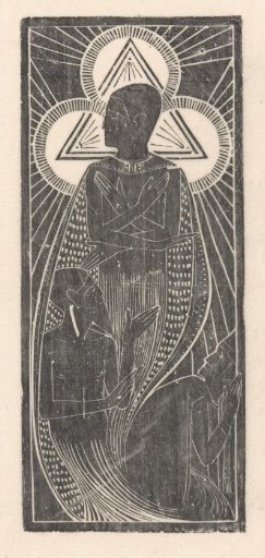 Figure with four arms and triangular halo with circles