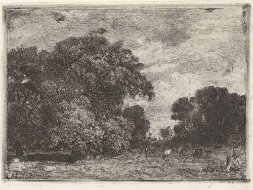 Landscape with trees and three grazing cows