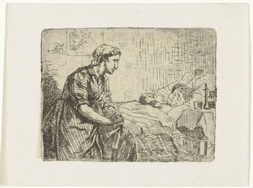 Woman Beside a Bed with a Sick Child