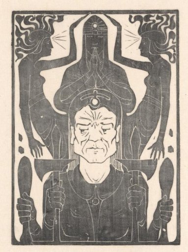 Three figures near an armed man with four arms