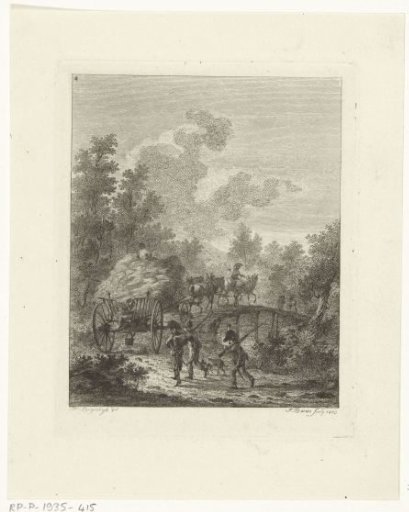 A hay wagon driving over a bridge