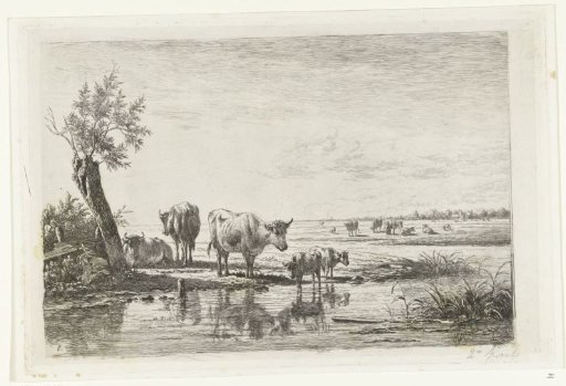 Pastoral landscape with cows by water