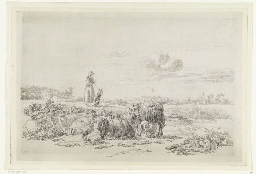 Landscape with shepherdess and dog near a flock of sheep