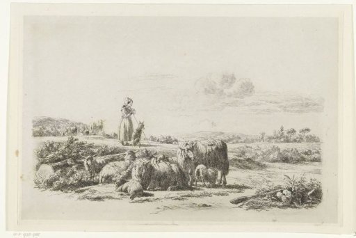 Landscape with shepherdess and dog near a flock of sheep
