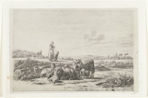 Landscape with shepherdess and dog near a flock of sheep