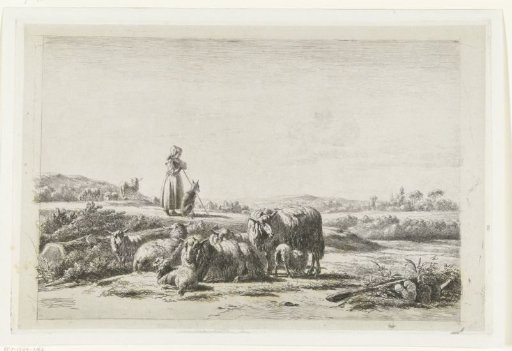 Landscape with shepherdess and dog near a flock of sheep