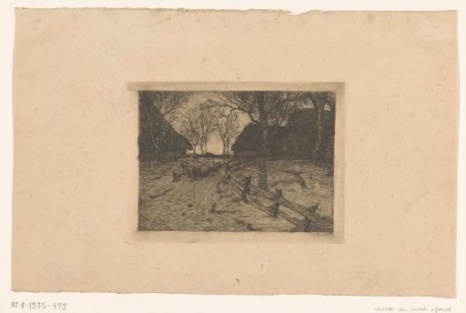 Heath landscape with sheepfolds and a flock of sheep at evening