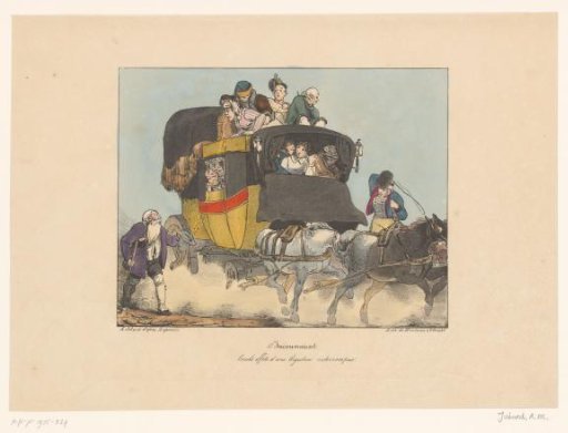 Woman vomiting from a moving omnibus