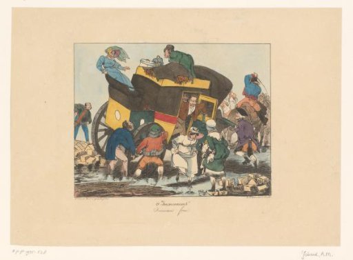 Omnibus with passengers stuck in the mud