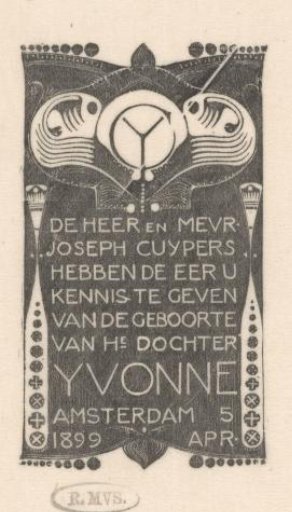 Birth card Yvonne Marie Thérèse Cuypers