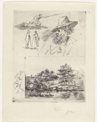 Study sheet with four figures and a landscape
