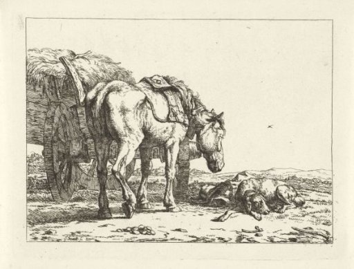 Horse and dog by a hay wagon