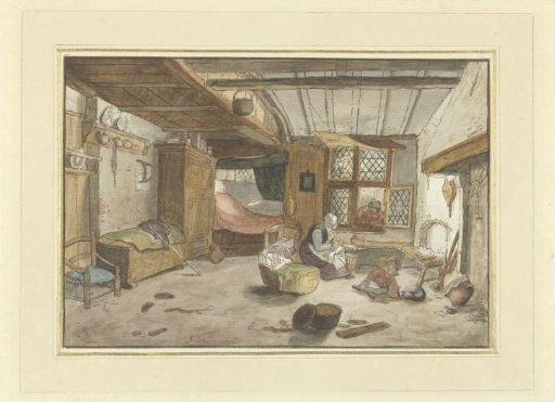 Interior with woman at cradle