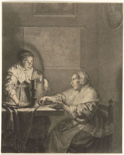 Interior with a lady and maid by candlelight