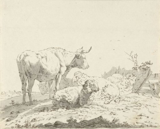 Cow and sheep in a meadow