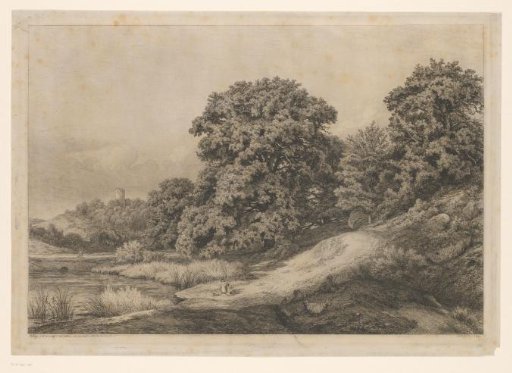 Figures by a pond