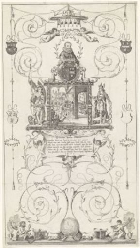 Emblematic print with the exile of Hugo de Groot
