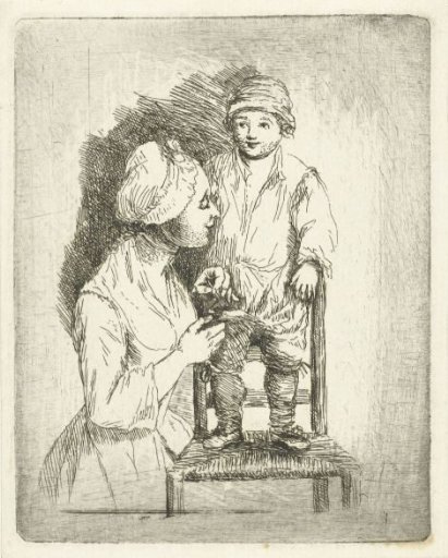 A mother sewing a button on her son's trousers