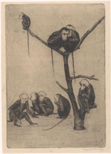 Apes sitting in and around a tree