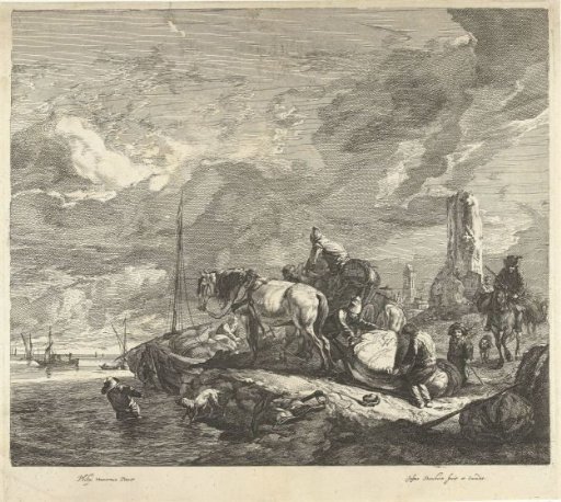 Unloading of a ship's cargo at the coast