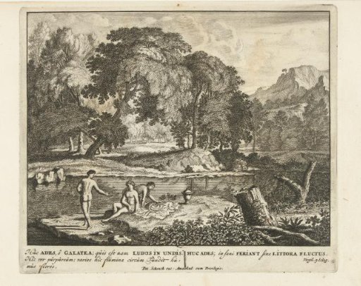 Three nymphs bathing in a pond