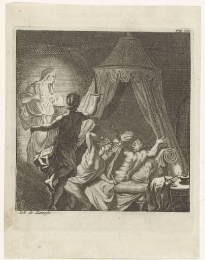 Sleeping man startled by allegorical figures