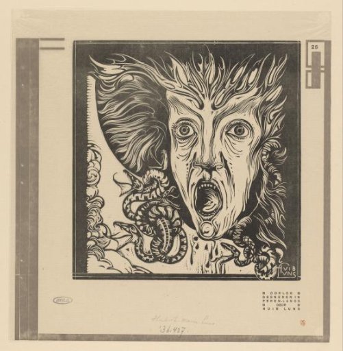 Fiery face with open mouth and multiple snakes