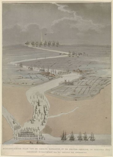 Bird's-eye View of the Western Scheldt with English, Dutch and French Fleets, 1809