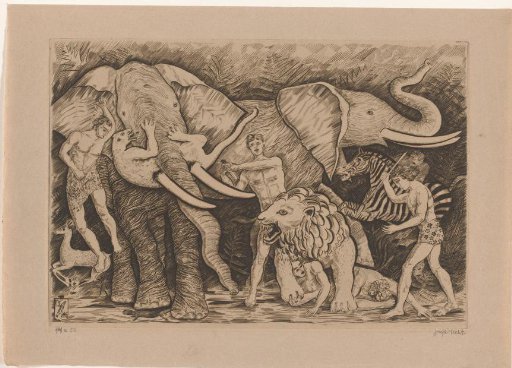 Fight between hunters, elephants, a lion and other wild animals