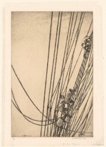 Three Men Climbing in the Rigging of a Ship